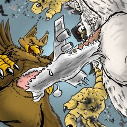 5_fingers abs aircraft airplane anthro avian balls beak bird bodily_fluids brown_body carpo claws corvidius_(character) crush cum cum_drip cumshot destruction dripping duo ejaculation erection extreme_size_difference falcon falconid feathered_wings feathers finger_claws fingers genital_fluids genitals gryphon humanoid_genitalia humanoid_penis jet low-angle_view macro macro_anthro macro_male male massacre muscular muscular_anthro muscular_male mythological_avian mythological_creature mythology nude open_mouth orgasm pecs penetration penile penis pyronite(commissioner) rampage size_difference smile tyrnn vehicle vehicle_destruction vehicle_penetrated white_body wings