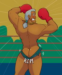 1boy ass ass_focus blush_lines blushing crowd embarrassed flexing grey_hair human humiliation male male_only nintendo no_visible_genitalia punch-out!! solo_male super_macho_man tan_skin tan_skinned_male tvfish-art wardrobe_malfunction