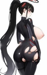 absurdres ass ateoyh bar_censor black_hair black_halo blue_archive blush bodysuit breasts breasts_out bright_pupils censored commentary_request cowboy_shot crotch_cutout curvy female from_behind halo highres huge_breasts long_hair looking_at_viewer nipples official_alternate_costume official_alternate_hairstyle ponytail pussy red_eyes rio_(blue_archive) rio_(bodysuit)_(blue_archive) sideways_glance simple_background skindentation solo sweat thigh_strap torn_bodysuit torn_clothes turtleneck turtleneck_bodysuit very_long_hair white_background white_pupils