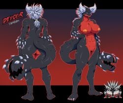 abs absurd_res anthro ass big_breasts big_butt black_body black_scales breasts capcom elder_dragon female front_view genitals hand_on_hip hi_res horn huge_breasts monster_hunter muscular muscular_anthro muscular_female nergigante netardado non-mammal_breasts nose_scar nude nude_anthro nude_female pupils pussy rear_view red_body red_scales scales scalie slit_pupils solo spikes spikes_(anatomy) thick_horn