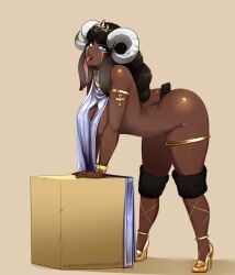 1girls bent_over black_hair blue_eyes circlet dark-skinned_female dark_skin egyptian female female_only high_heels horns looking_at_viewer nofuture original_character sheep_girl solo tongue tongue_out