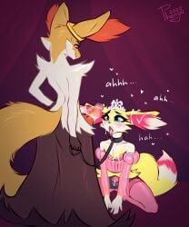 absurd_res animal_genitalia animal_penis anthro balls big_ears black_body black_fur blush bodily_fluids bondage braixen canid canine_genitalia canine_penis chastity_cage chastity_device clothed clothing collar crossdressing cum cum_in_mouth cum_inside cum_on_face cum_on_penis delphox dipstick_tail dress duo fluffy fluffy_tail fur generation_6_pokemon genital_fluids genitals heart_symbol hi_res holding_leash holding_object inner_ear_fluff knot leash leashed_collar legwear male male/male mammal markings moan nintendo nude_male penis petplay phenyanyanya pink_clothing pink_dress pink_legwear pink_thigh_highs pokemon pokemon_(species) roleplay small_waist tail tail_markings thigh_highs tuft yellow_body yellow_fur