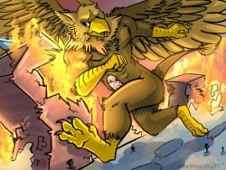 4_toes 5_fingers abs anthro avian beak biped brown_body brown_eyes building building_destruction bump burning burning_building carpo city city_destruction claws combatraccoon crush destruction erection extreme_size_difference feathered_wings feathers feet finger_claws fingers fire genitals gryphon house humanoid_genitalia humanoid_penis landscape_dwarfing macro macro_anthro macro_male male muscular muscular_anthro muscular_male mythological_avian mythological_creature mythology nude outside pawpads paws pecs penis pyronite(commissioner) raised_paw rampage running size_difference smile solo tail toe_claws toes wings