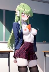 ai_generated areolae fusion gardevoir generation_3_pokemon green_hair hybrid jacket komi-san_wa_komyushou_desu komi_shouko long_hair nipples pleated_skirt pokemon pokemon_(species) self_upload skindentation stable_diffusion thighhighs white_skin