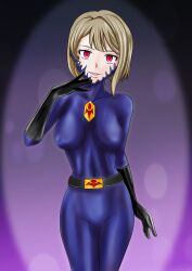 absurdres antimindjack belt blonde_hair bodysuit breasts corruption dinaranger erect_nipples_under_clothes female female_only femsub hypnosis looking_at_viewer love_live! love_live!_nijigasaki_high_school_idol_club mind_control nakasu_kasumi opera_gloves pale_skin short_hair simple_background smirk solo tight_clothing