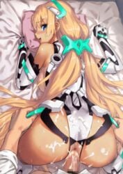 1girls angela_balzac anus ass blonde_hair blue_eyes breasts censored clothed_sex clothing cum cum_on_ass expelled_from_paradise female from_behind happy_sex headgear highres kawakami_rokkaku looking_back pillow shiny shiny_skin straight