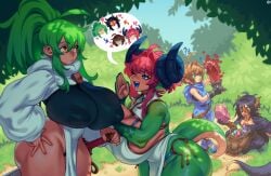 2boys 2girls breasts crystals eigaka female green_hair horns huge_breasts idian male nina_(eigaka) original_character red_hair