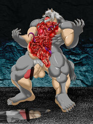 blood canine censored entrails erection gore guro male male_ryona mammal muranamako muscular original original_character wolf