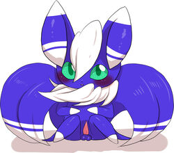 1boy balls blue_fur blush feline fur green_eyes kiriya looking_at_viewer male male_only mammal meowstic nintendo penis pokemon simple_background sitting solo video_games white_fur