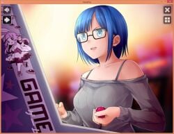 arcade arcade_machine blue_eyes bra_straps female female_only gaming glasses huniepop nikki_ann-marie playing_games playing_videogame shoulders