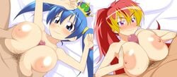 2girls ao_no_exorcist big_breasts blue_eyes blue_hair blush breasts censored color crown dragon_quest female hair huge_breasts human kirigakure_shura large_breasts makarou male nude paizuri pov pubic_hair purple_eyes red_hair straight tied_hair titfuck twintails