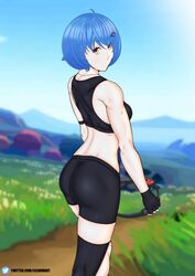 2021 amber_eyes ass backside blue_hair clothed day daytime fit gradient_eyes hair_ornament hairpin joy-con jpeg looking_at_viewer looking_back mana_renewal medium_breasts muscles orange_eyes outdoors short_hair shorts sports_bra sportswear thighhigh thighhighs virtual_youtuber vtuber