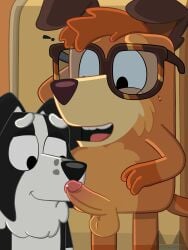 2boys accurate_art_style anthro balls banditr17 blowjob bluey_(series) border_collie busker_(bluey) canid canine canis domestic_dog furry furry_only gay glasses implied_blowjob irish_terrier mackenzie's_dad_(bluey) male nerd nervous nervous_smile nervous_sweat penis precum precum_on_penis smile