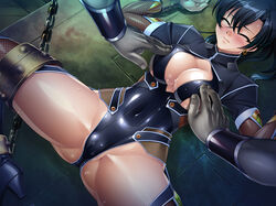 black_hair blush bondage breasts cameltoe collar curvy earrings erect_nipples female fishnets fuuma_tokiko gisuke groping high_heels kagami_hirotaka large_breasts long_hair nipple_play partially_visible_vulva shiny_skin skin_tight solo sweat taimanin_asagi_battle_arena