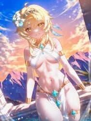 :d ahoge alternate_costume arm_strap arm_support armlet bangle bare_arms bare_shoulders bikini black_hairband blue_eyes blue_gemstone blue_hair blue_hairband blue_nails blue_skin blue_sky blurry blush bracelet bracer breasts breasts_apart cleavage cloud cloudy_sky collar colored_skin cowboy_shot criss-cross_halter crossed_bangs dancer day dutch_angle egyptian_clothes feather_hair_ornament feathers female fingernails flower gem genshin_impact gold gold_bracelet gold_trim gradient_sky grin groin hair_between_eyes hair_flower hair_intakes hair_ornament hairband halterneck harem_outfit headband highleg jewelry large_breasts light_blue_hair lily_(flower) linea_alba loincloth long_hair looking_at_viewer lumine_(genshin_impact) medium_breasts medium_hair midriff ministro mountain mountainous_horizon nail_polish navel neck_ring no_panties open_mouth orange_sky outdoors pale_skin parted_lips pelvic_curtain pillar railing red_sky revealing_clothes self_upload short_hair short_hair_with_long_locks sideboob sidelocks sitting skindentation sky sling_bikini_top smile solo standing stomach sunset swimsuit teeth thigh_strap thighlet thighs twilight underboob usekh_collar wading water white_bikini white_flower white_hair white_skin