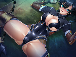 black_hair blue_eyes blush bondage breasts cameltoe cleavage collar curvy earrings erect_nipples female fishnets fuuma_tokiko gisuke high_heels kagami_hirotaka large_breasts long_hair lying on_back open_mouth partially_visible_vulva shiny_skin skin_tight solo spread_legs taimanin_asagi_battle_arena