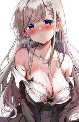 1girls absurdres bare_shoulders blue_eyes blush bra braid breasts cleavage collarbone commentary dress earrings grey_dress grey_hair highres hisakawa_hayate idolmaster idolmaster_cinderella_girls jewelry long_hair long_sleeves looking_at_viewer medium_breasts off_shoulder open_clothes open_dress parted_lips sak_(lemondisk) simple_background solo sweat swept_bangs underwear white_bra
