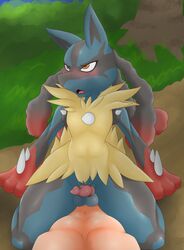 abs ahegao anal anal_sex animal_genitalia arm_support balls black_fur blue_fur blush bpq00x canine canine_penis cowgirl_position duo erection front_view fur human interspecies kneeling knot lucario lying male male_on_anthro mammal mega_evolution mega_lucario multicolored_fur nintendo on_back on_top open_mouth orange_eyes penetration penis pokemon pokemon_(species) pokephilia sex solo_focus spikes tuft video_games yaoi yellow_fur