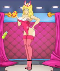 ashley_(fake_lay) bedroom_background black_sandals blonde_hair blue_eyes bunny_ears bunny_suit confident curvy egg fake_animal_ears fake_lay female highleg holding indoors long_hair makeup pink_thighhighs playboy_bunny red_leotard seductive_pose smile solo strapless_leotard thick_thighs thighhighs