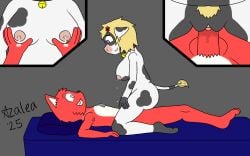bodily_fluids bovid bovine breasts cattle clitoris domestic_cat felid feline felis female flamingazalea genitals grope hi_res lactating lactation leaking leaking_milk male mammal milk penetration penis pussy sex