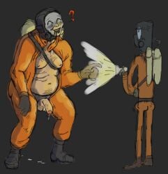 annoyed bear_vs_twink cum_trail dripping_cum embarrassed embarrassed_nude_exposure employee employee_(lethal_company) fat_male fat_man gay getting_horny half_mast incoming_sex jumpsuit lethal_company male male_boobs male_breasts masked_(lethal_company) moobs opened_jumpsuit panties_pulled_aside requesting_sex self_exposure twink_and_bear unwanted_erection unwanted_exposure
