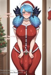 ai_generated ass balls black_bow blue_eye blue_hair blushing bow_on_penis bulging_penis button_down christmas_hat christmas_stocking christmas_tree cleavage cyan_tattoo door doorway drill_hair erection futa_only futanari genitals gift_wrapped green_ribbon gwen_(league_of_legends) hair_bow heart_in_scleraheterochromia holding_penis huge_ass huge_balls huge_breasts huge_cock huge_penis hung_futa indoor kesiwart kneeling large_ass large_breasts large_penis league_of_legends light_blue_hair long_sleeves looking_at_viewer neck_tattoo penis penis_bulge pink_eye pink_sclera pre-cum red_dress ribbed_penis riot_games santa_costume santa_hat silly smile smirk solo standing star_ornament sweat thick_penis thick_thighs twin_drills underwear white_trim wide_hips wooden_door wrist_tattoo