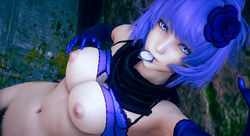 1girls 3d blue_eyes blue_hair bottomless bridal_gauntlets condom condom_in_mouth drag-on_dragoon drag-on_dragoon_3 drakengard drakengard_3 exposed_breasts female_only flower hair_ornament honey_select koronensuki_(artist) pale_skin pubic_hair scarf short_hair square_enix two_(drag-on_dragoon) two_(drakengard)