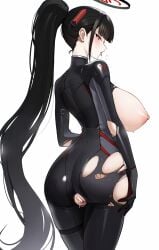 absurdres ass ateoyh bar_censor black_hair black_halo blue_archive blush bodysuit breasts breasts_out bright_pupils censored commentary_request cowboy_shot crotch_cutout curvy female from_behind halo highres huge_breasts long_hair looking_at_viewer naughty_face nipples official_alternate_costume official_alternate_hairstyle ponytail pussy pussy_juice pussy_juice_trail red_eyes rio_(blue_archive) rio_(bodysuit)_(blue_archive) saliva saliva_trail sideways_glance simple_background skindentation solo sweat thigh_strap tongue tongue_out torn_bodysuit torn_clothes turtleneck turtleneck_bodysuit very_long_hair white_background white_pupils
