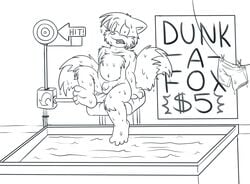 anthro balls canine clothespeg dollar_sign fox front_view fur machine male male_only mammal monochrome penis roarey_raccoon sitting solo sonic_(series) tagme tails target water wet