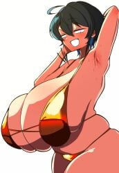 1girl absurdres ahoge armpits arms_behind_head bikini black_hair blue_hair blush bracelet breast_focus breasts cleavage commentary_request gigantic_breasts gold_bikini hair_between_eyes highres indie_virtual_youtuber jewelry kataochi_chuuko kataoti_30 looking_at_viewer multicolored_hair plump sanpaku short_hair sidelocks simple_background smile solo swimsuit thick_thighs thighs two-tone_hair upper_body virtual_youtuber wide_hips