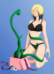 1girls alien bikini black_bra black_hair black_panties blonde_hair bra breasts cleavage clothing erikaa female green_tentacles hypnosis hypnotized interspecies kneeling matching_underwear mind_control oo_sebastian_oo open_mouth panties short_hair spread_legs tentacle tentacle_under_panties tentacles_under_clothes two_tone_hair