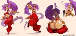 1girls anus artist_name ass big_ass big_breasts big_hair bracer breath burger clothes_pull dark-skinned_female dark_skin earrings eating female female_only food genie genie_girl hamburger harem_pants hoop_earrings huge_ass jewelry kanel leg_up looking_at_viewer microphone multiple_views narrow_waist navel outstretched_arms pants pants_pull parted_lips pointy_ears ponytail purple_hair shantae shantae_(character) shiny_skin shortstack simple_background solo stomach sweat thong tiara undressing wide_hips