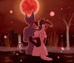 3_eyes 6_horns anthro beach black_body black_fur bodily_fluids bovid breast_grab breasts broken_horn caprine covered_eyes cult_of_the_lamb domestic_cat domestic_sheep duo felid feline felis female fur grey_body grey_skin hairless hairless_cat hand_on_arm hand_on_breast hi_res horn jacob_sheep kissing lamb_(cult_of_the_lamb) male mammal massive_monster_(studio) moon multi_eye multi_horn narinder night red_crown_(cult_of_the_lamb) red_eyes rim_lighting saliva saliva_string sheep sphynx_(cat) welcometaco white_body white_fur white_wool wool_(fur)