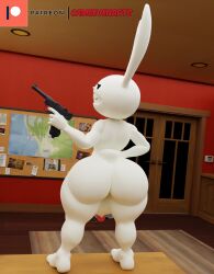 2023 3d_(artwork) 5_fingers anthro ass backsack balls big_butt camseven digital_media_(artwork) english_description eyewear fingers fur furniture genitals glasses gun handgun hi_res holding_gun holding_handgun holding_object holding_pistol holding_ranged_weapon holding_weapon humanoid_genitalia humanoid_penis lagomorph leporid long_ears looking_back male mammal max_(sam_and_max) on_table penis pink_nose pistol rabbit rabbit_ears ranged_weapon rear_view round_glasses sam_and_max sharp_teeth small_tail solo standing table tail teeth thick_thighs weapon white_body white_fur wide_hips