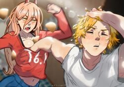 1boy 1boy1girl 1girls 2026 blonde-haired_female blonde-haired_male blonde_hair blush breast_grab breasts chainsaw_man closed_eyes color colored demon_girl denji_(chainsaw_man) female grabbing_another's_breast hair hi_res horns kingoart light-skinned_female light_skin long_hair male male/female mappa meme mouth_open naoya_hair_flip power_(chainsaw_man) reference_image shirt stepkingo yellow_eyes