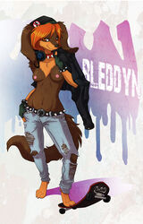 amber_eyes anthro barefoot bleddyn breasts canine clothed clothing collar digitigrade female fingerless_gloves ginger_hair gloves gordon_setter hair half-dressed headphones jeans leather_jacket looking_at_viewer mammal mingchee navel nipples skateboard smile solo spiked_belt spiked_collar topless torn_clothing