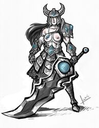 2014 armor breasts doodle fizzz headgear helmet horns knight league_of_legends monochrome rule_63 sketch sword tryndamere weapon