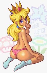 1girls ankle_socks anklehighs ass back blonde_hair blue_eyes breasts crown earring female female_only human long_hair looking_at_viewer looking_back mario_(series) maximumvideojustice nintendo nipples open_mouth panties pink_panties princess_peach sideboob socks solo super_mario_bros. topless underwear wariza white_socks