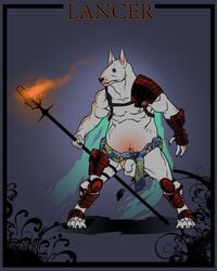 anthro armor badcoyote bipedal bullterrier canine flaccid full-length_portrait full_length humanoid_penis lancer male male_only nude penis portrait solo standing weapon