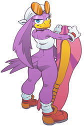 2014 anthro ass avian beak big_butt bottomless dat_ass eyewear female female_only furry glasses gloves looking_back partially_clothed purple_skin smile solo sonic_(series) standing swallow tail toomanyboners wave_the_swallow white_background