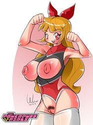 1girls areola blossom_(powerpuff_girls) blush bow breasts chefwataw female female_only front_view human large_areolae large_breasts large_nipples long_hair nipples pose powerpuff_girls pubic_hair red_eyes simple_background solo standing thighhighs