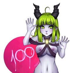 ahoge breasts dota_2 female female_only front_view gem green_eyes green_hair horns monster_girl pugna rule_63 satanya solo succubus