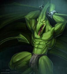 1boy abs anthro anthro_only barazoku biceps bondage bound claws clothed clothing dinosaur green_skin handcuffs hi_res loincloth looking_at_viewer male male_only manly marvel marvel_comics mostly_nude muscular navel open_mouth pecs pteranodon raised_arm sauron_(marvel) savage_land scalie shackles sharp_claws solo solo_focus spread_legs spreading squint thick_thighs todex tongue tongue_out topless triceps wings x-men yellow_eyes