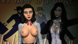 2girls 3d animated arnoldthehero ascot bioshock bioshock_infinite black_hair blue_eyes bowtie breast_expansion breasts burial_at_sea cleavage cravat crossover dc dc_comics elizabeth_comstock female female_only gif injustice:_gods_among_us large_breasts lipstick looking_at_another magic magician open_clothes open_shirt red_lipstick red_nails white_bowtie wide_eyed yuri zatanna