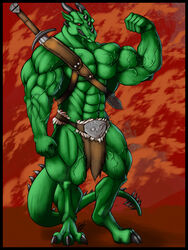 1boy 2014 abs alexwolf anthro balls barefoot claws dragon fist flexing full-length_portrait full_length green_dragon happy hi_res long_ears looking_at_viewer male male_only manly muscles navel pecs pointy_ears portrait scalie sharp_claws sharp_teeth smile solo spikes standing teeth toe_claws varanis_blackclaw vein