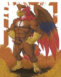 avian badcoyote beak bird cum cum_drip eagle erection full-length_portrait full_length fur gryphon humanoid_penis male_only muscular penis portrait solo standing turkey