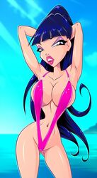 1girls 4kids_entertainment belly bimbo blue_eyes blue_hair breasts busty cleavage eyeshadow female hourglass_figure large_breasts lipstick long_hair makeup mascara musa musa_(winx_club) navel nickelodeon ponytail rainbow_(animation_studio) sling_bikini solo teenager thighs tied_hair voluptuous winx_club zfive