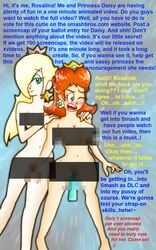 2girls artist_request bad_censor blush breasts censored contest covered_nipples covering covering_breasts covering_crotch dildo english_text female female_only fingering human light_skin mario_(series) multiple_girls nintendo nude princess_daisy princess_rosalina standing text wincing yuri