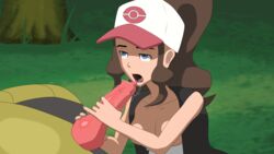 blue_eyes breasts brown_hair fellatio freako hat haxorus hilda_(pokemon) nipples oral penis pokemon pokephilia