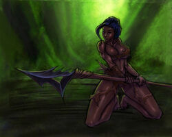 amazon barretxiii dark-skinned_female dark_skin female jungle kneeling pink_eyes solo spear torn_clothes tribal weapon